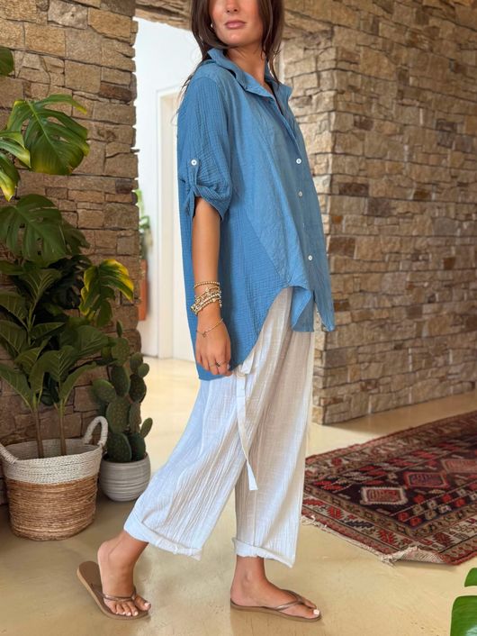 Made in Italy Pia Pillow Cotton Embroidered Tile Classic Shirt Denim